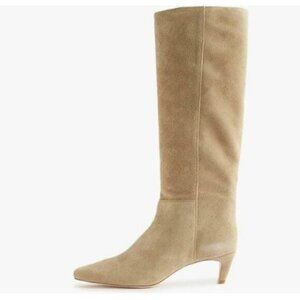 miss left Women Stretchy Knee High Boots Closed Square Toe Low Kitten Heels